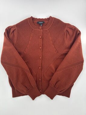 Calligraphie Brown Knit Cardigan Sweater Woman's Large Puff Sleeve